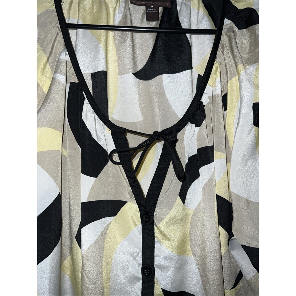 Dana Buchman Peasant Top Womens 2X Yellow Black Geometric Print 3/4 Sleeve - Picture 3 of 5